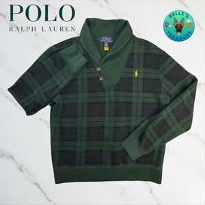 Ralph Lauren PRL Kids Large Tartan Green Plaid Shawl Collar Pullover Sweater